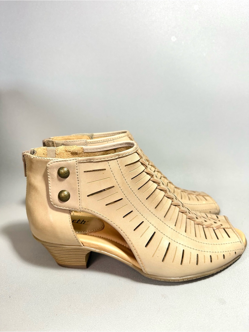 Earth Vicki Taupe Leather Cutout Low Heel Peep Toe Booties